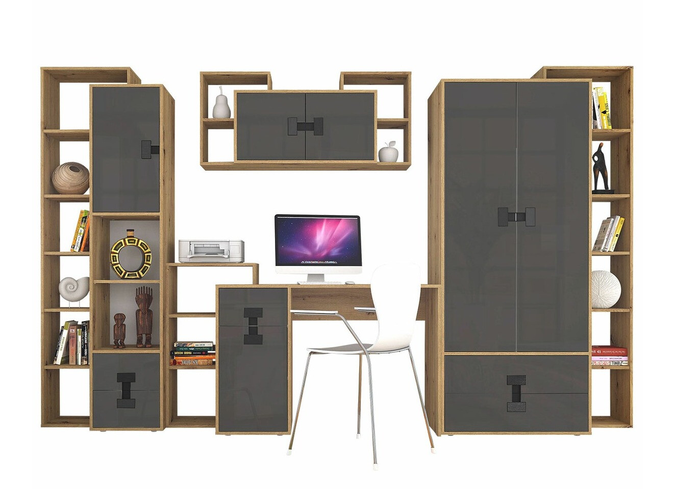 Mājas biroja komplekts Florevi 104 (Glancēts pelēks + Artisan ozols)