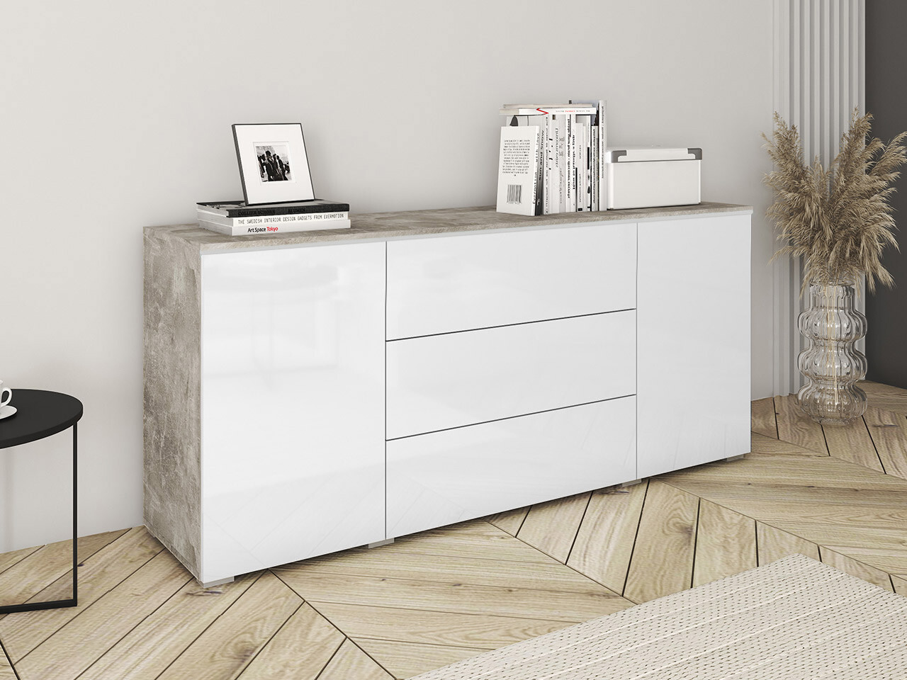 Kumode Mirfivo 102 (Betons + Glancēts balts)