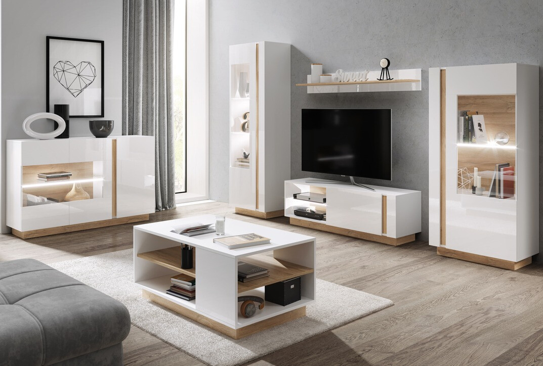 TV galds Novbela 107 (Balts + Glancēts balts + Grandson ozols)