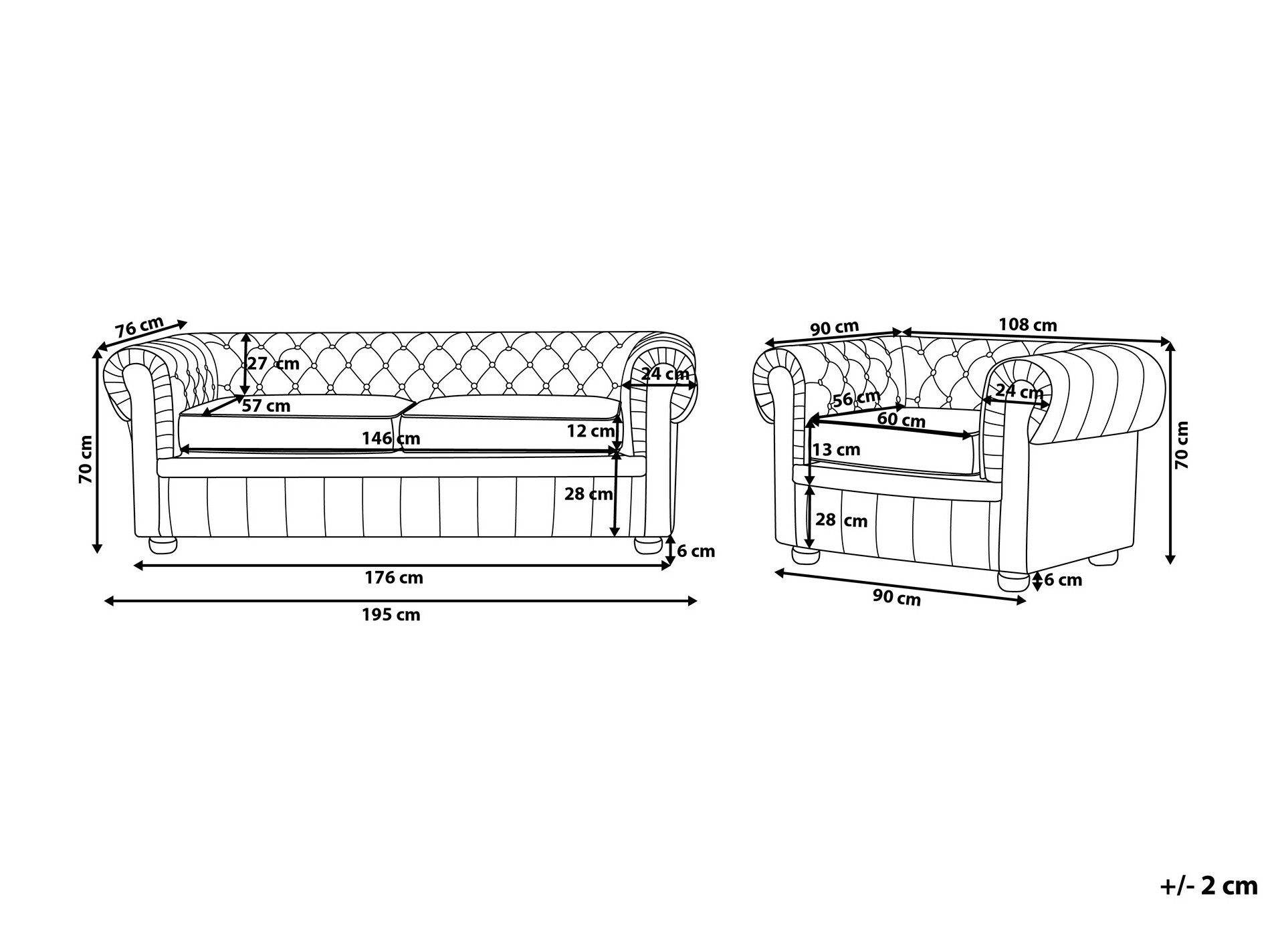 Chesterfield mīksto mēbeļu komplekts Cirdoro 112 (Melns)