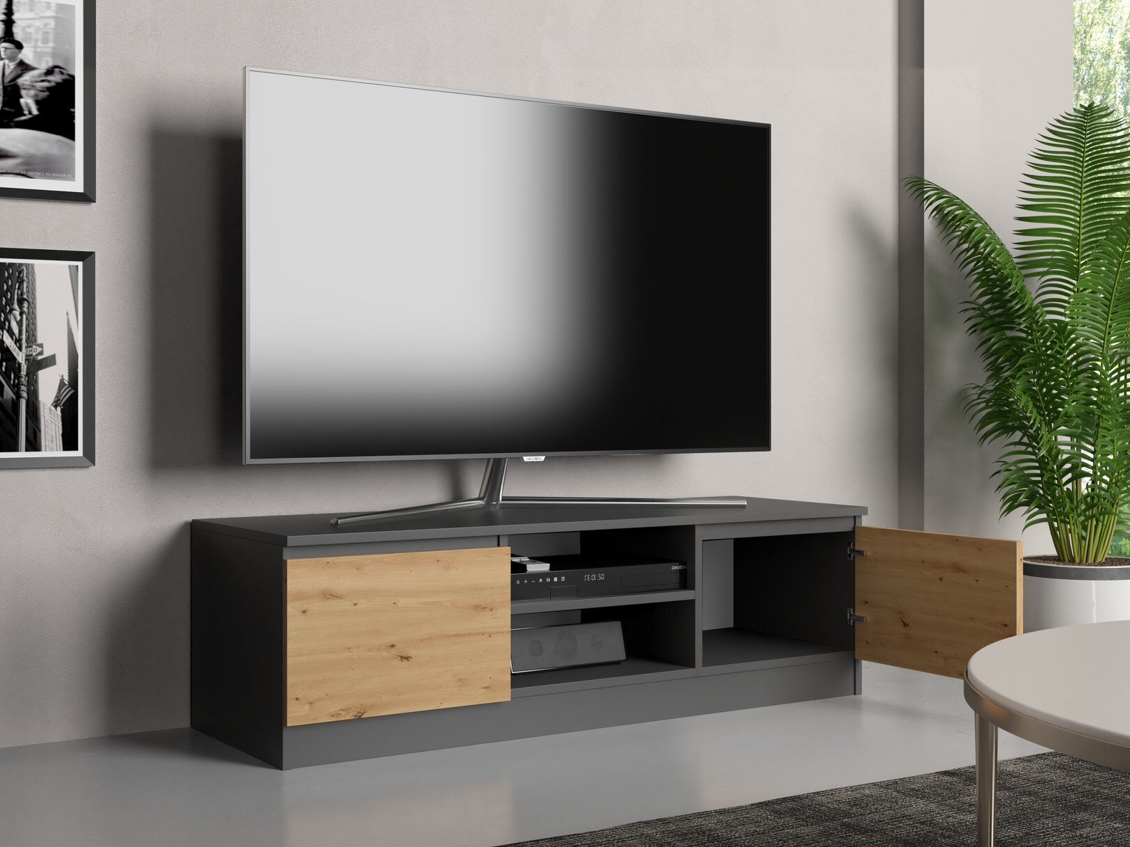 TV galds Elbvelu 123 (Antracīts + Artisan ozols)