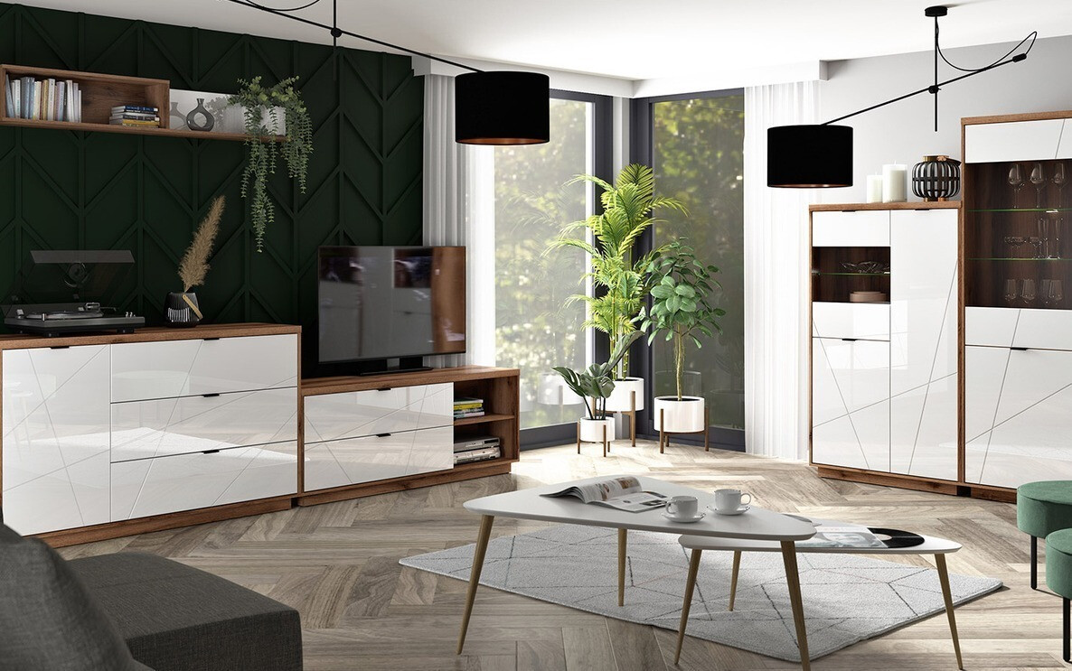 TV galds Fivale 104 (Tumšs delano ozols + Glancēts balts)