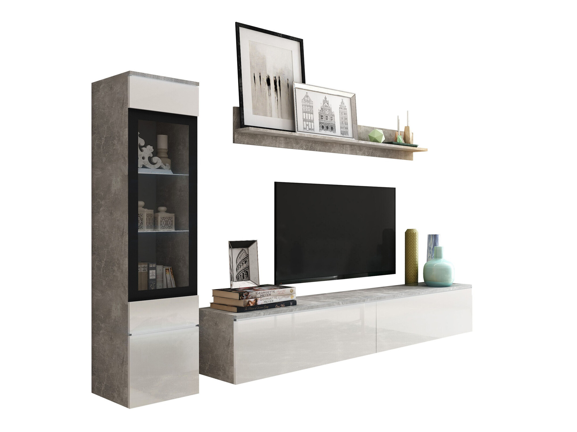 Viesistabas komplekts Mirfivo 100 (Betons + Glancēts balts)