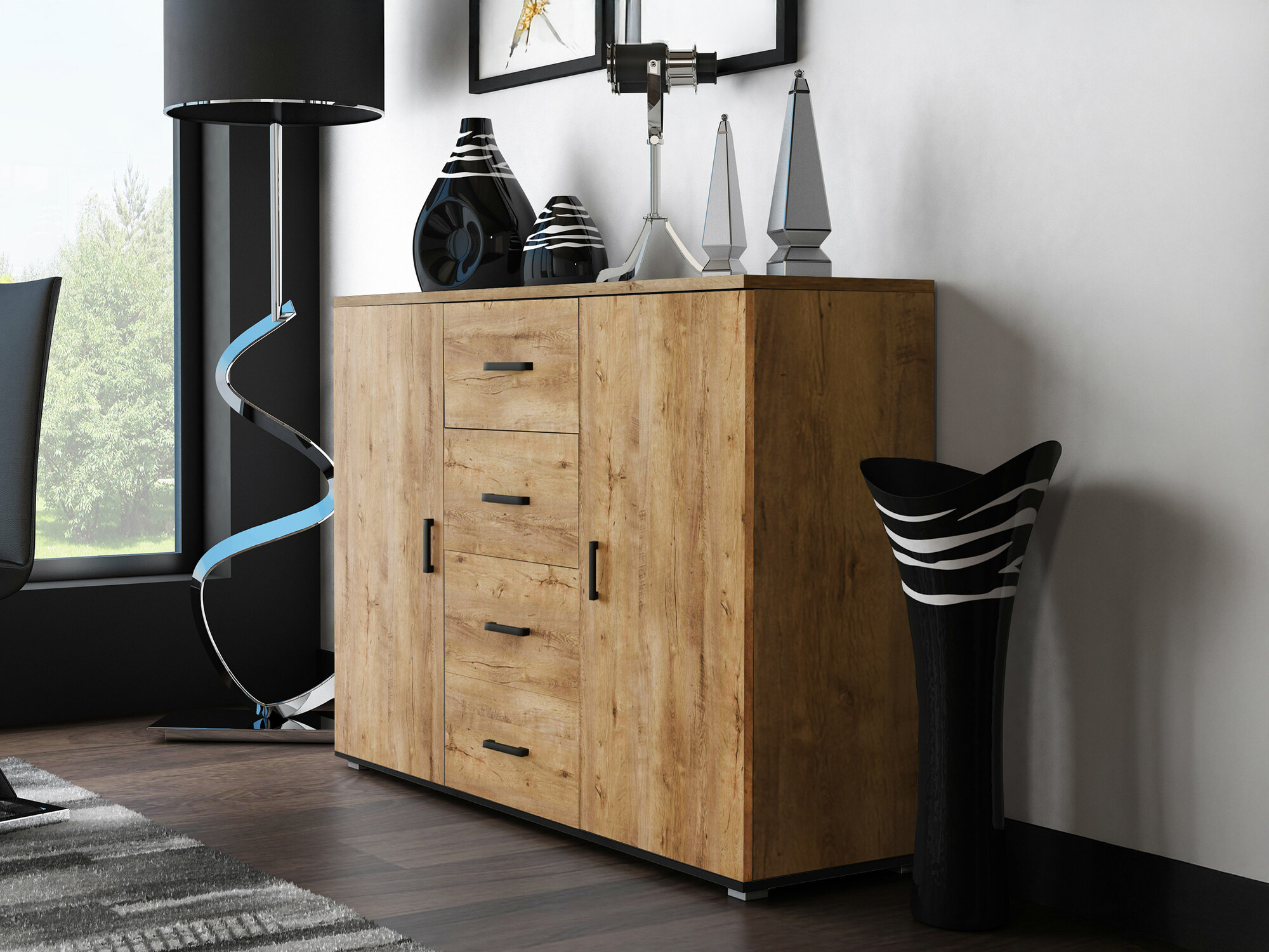 Kumode Charlotte 118 (Lefkas ozols + Melns)