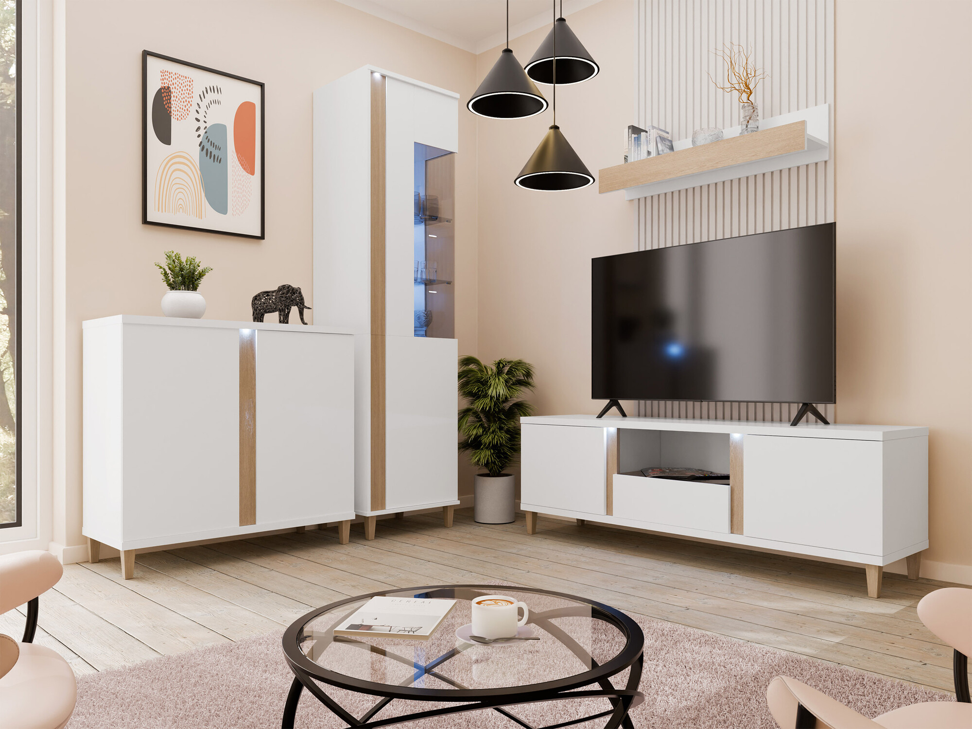 TV galds Florem (Balts + Glancēts balts + Gaišs koks)