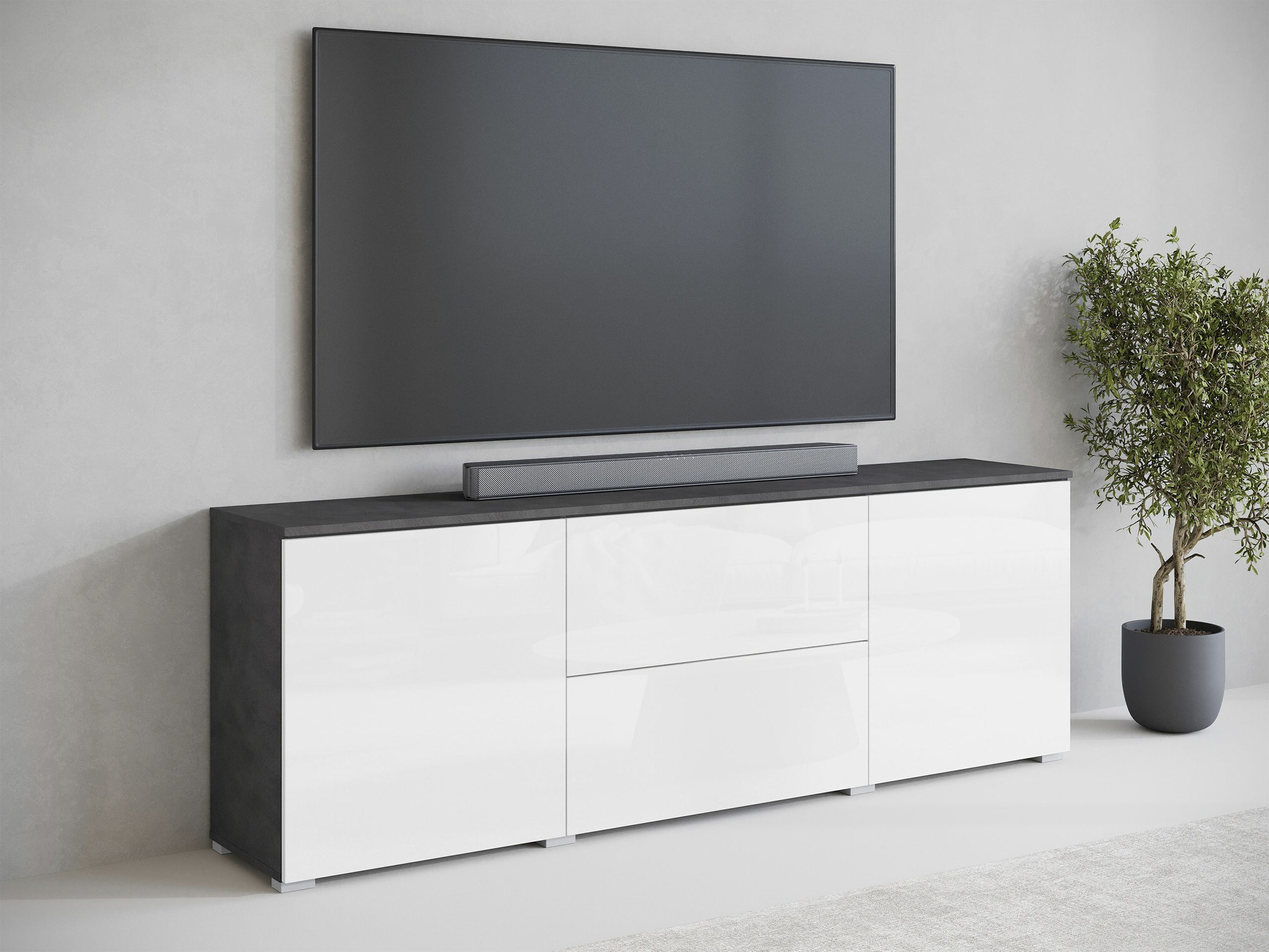 TV galds Mirfivo 104 (Matera pelēks + Glancēts balts)