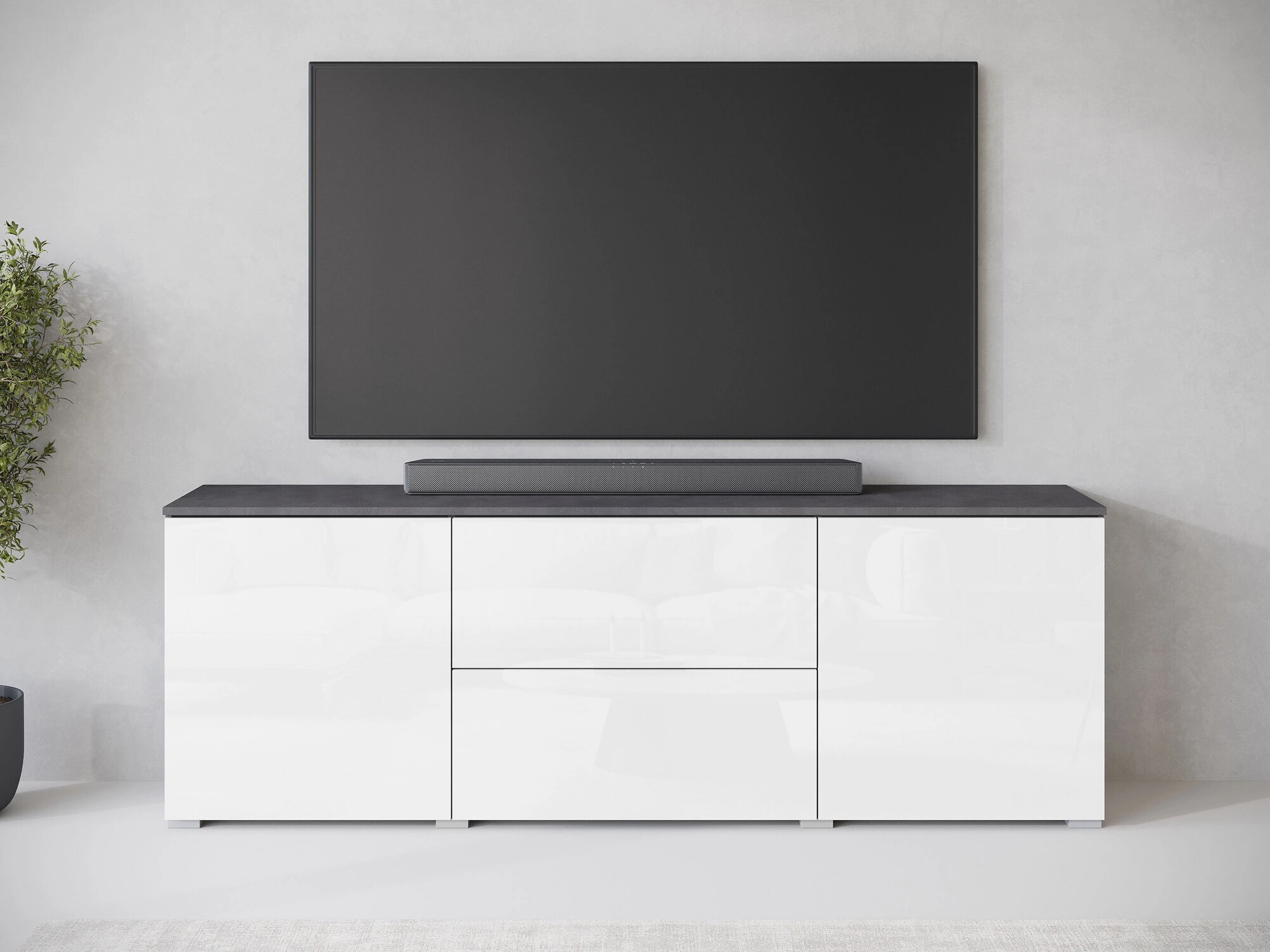 TV galds Mirfivo 104 (Matera pelēks + Glancēts balts)