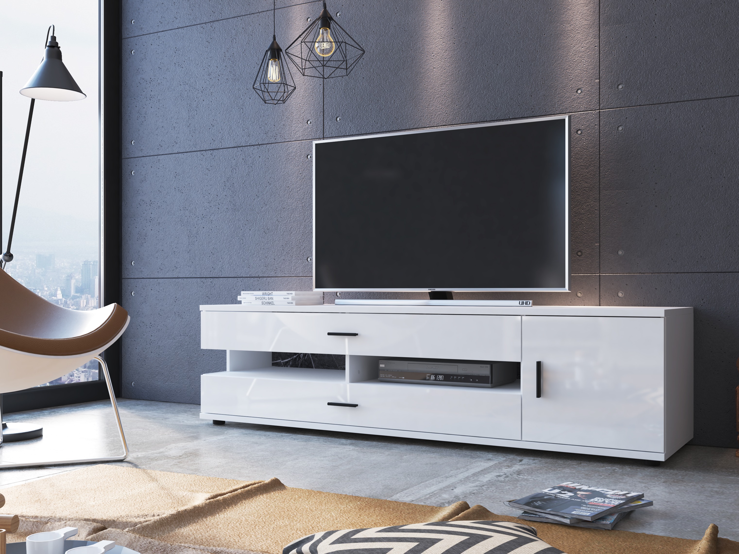 TV galds Ontario 171 (Glancēts balts + Balts)
