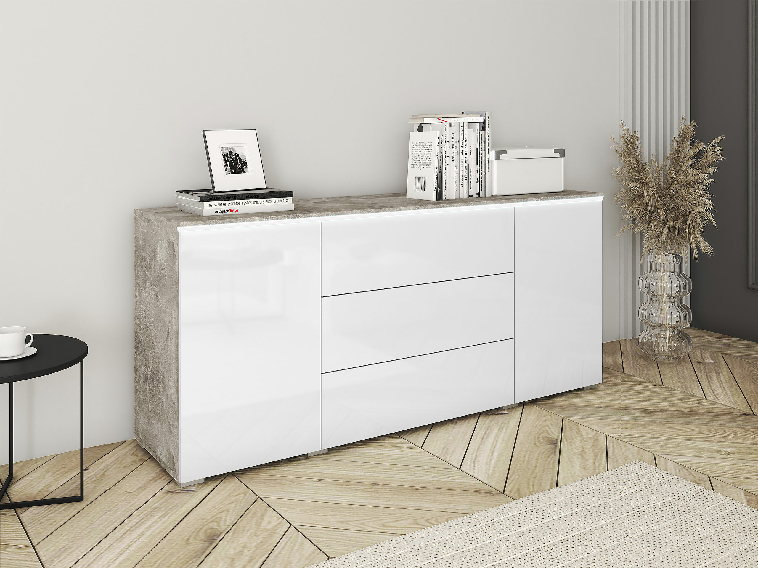 Kumode Mirfivo 102 (Betons + Glancēts balts)