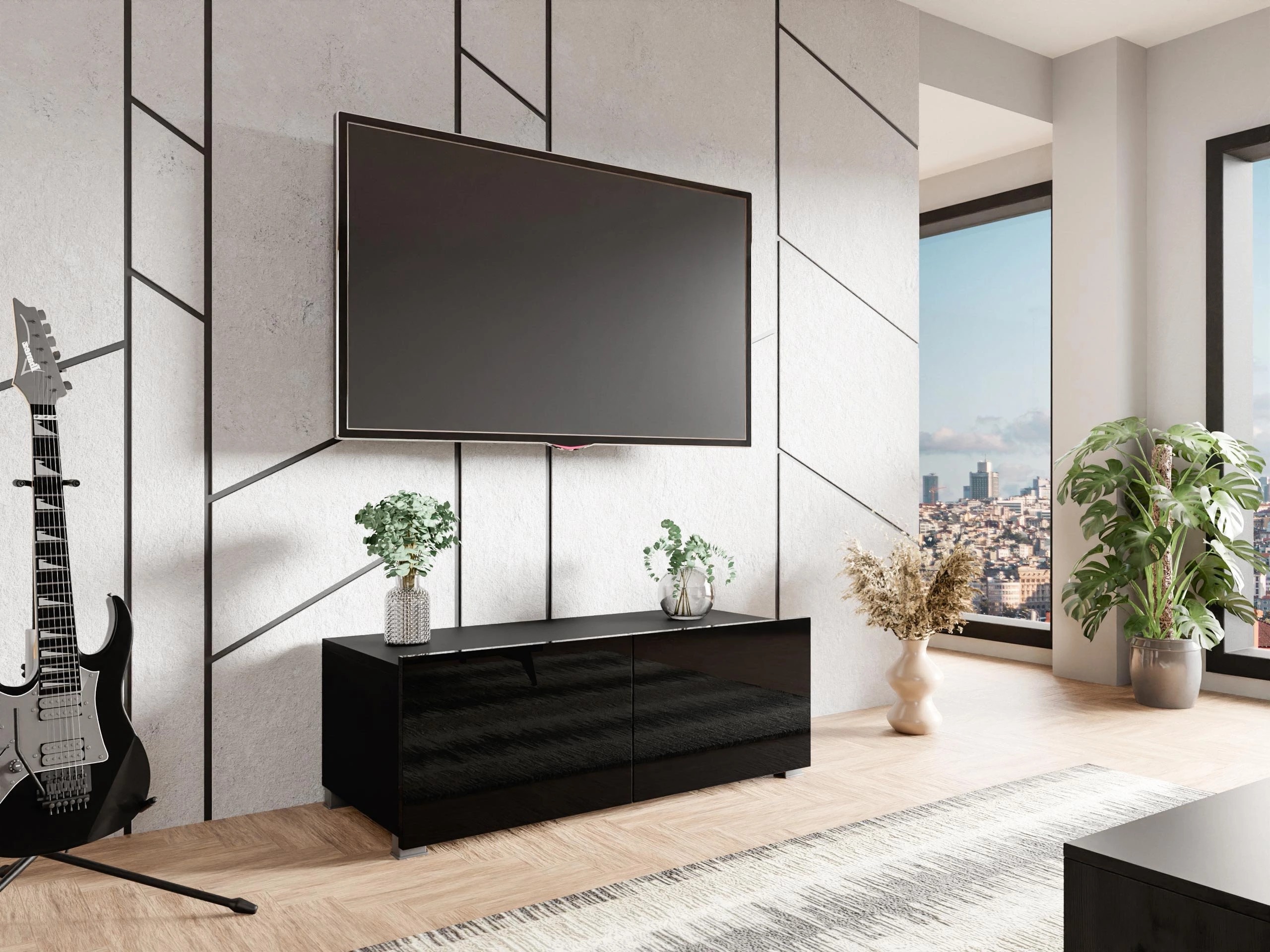 TV galds Remus I (Melns + Glancēts melns)
