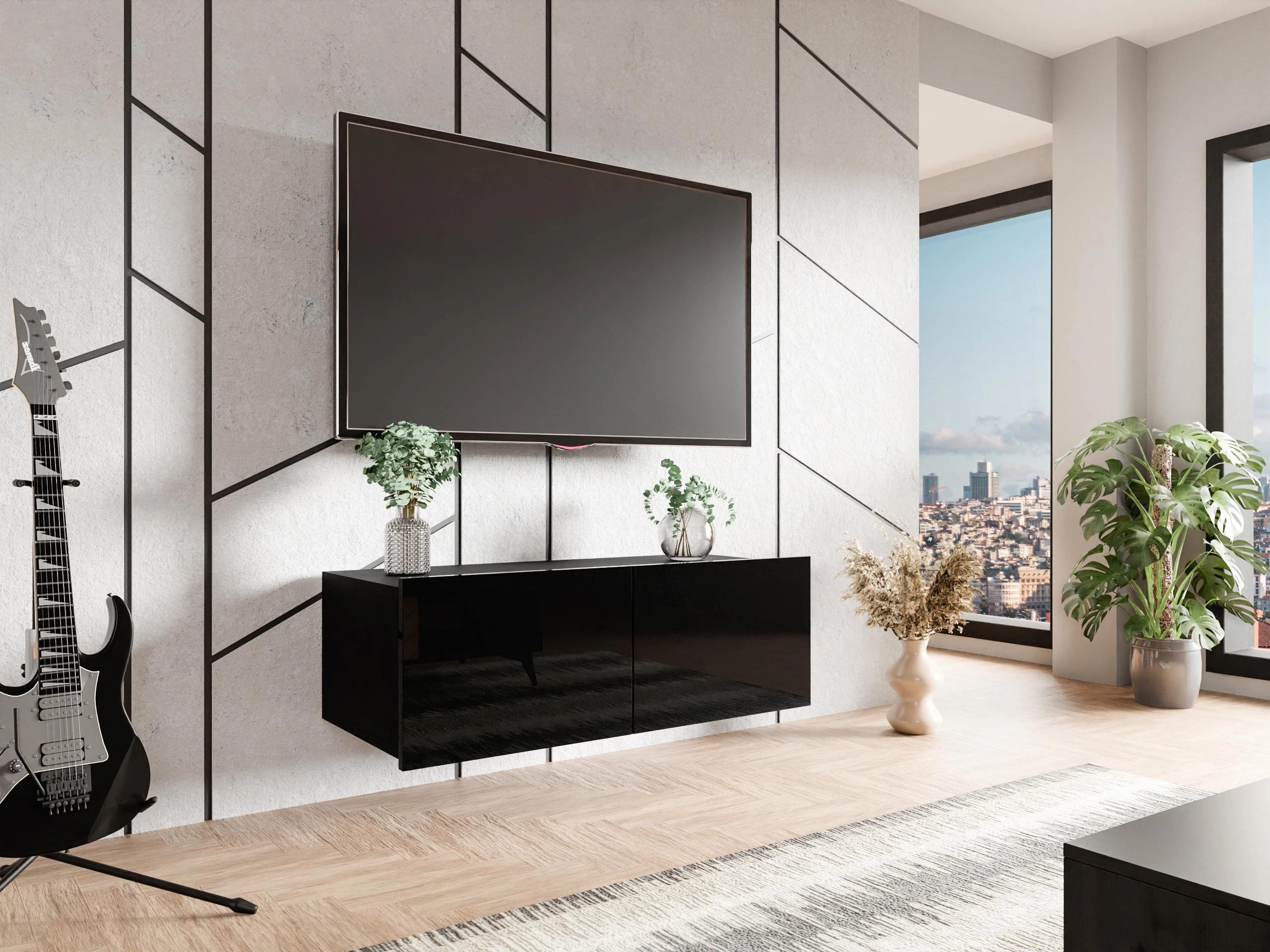 TV galds Remus I (Melns + Glancēts melns)