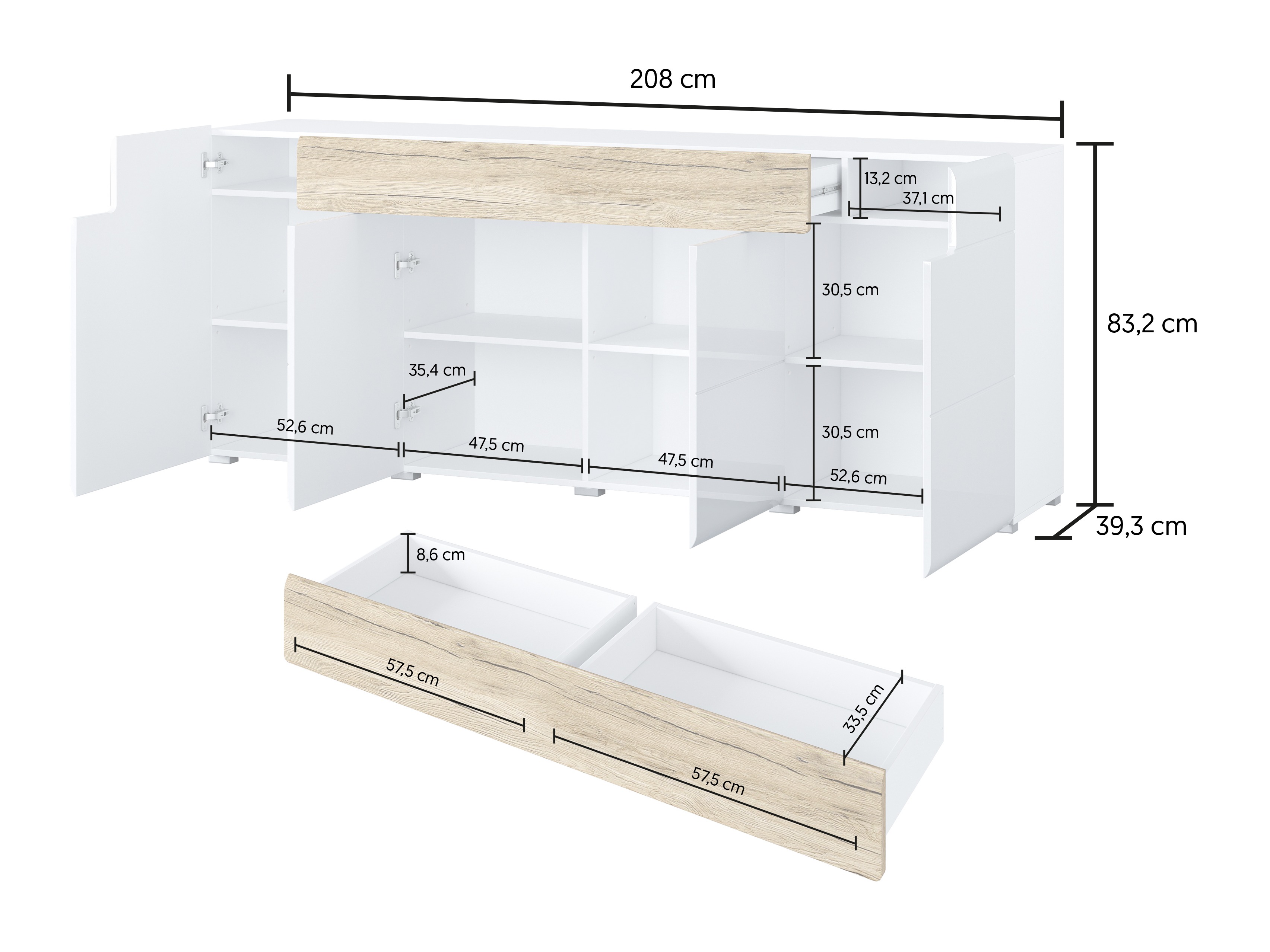 Kumode Torsone 102 (Balts + Glancēts balts + Sanremo ozols)