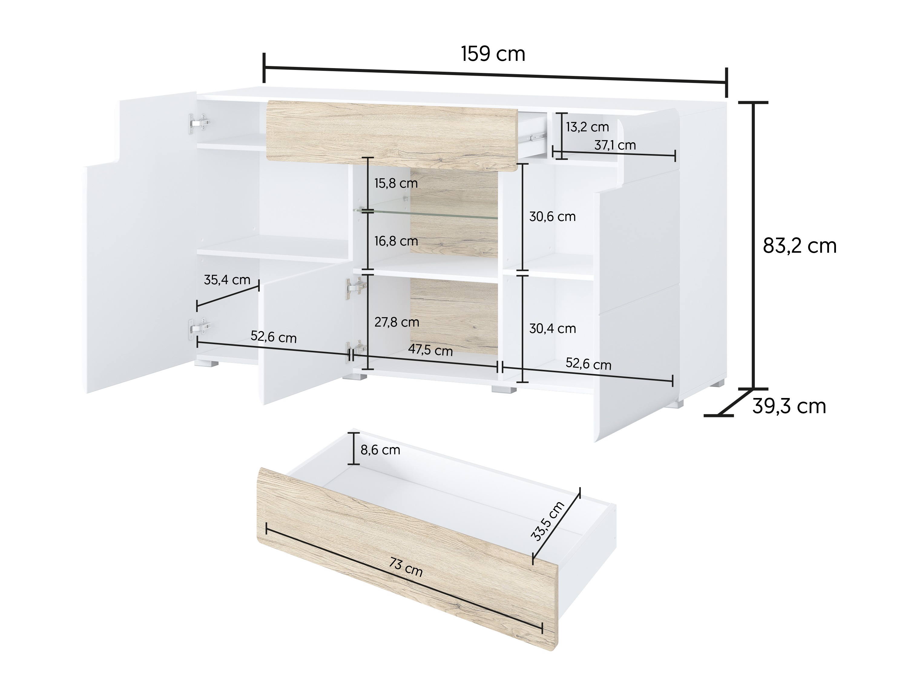 Kumode Torsone 108 (Balts + Glancēts balts + Sanremo ozols)
