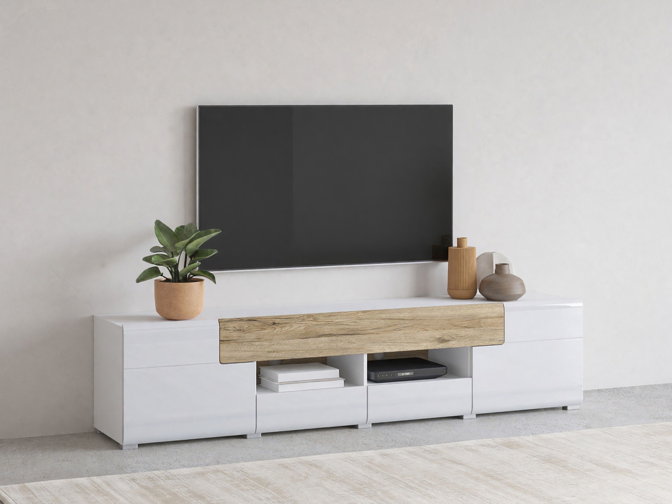 TV galds Torsone 113 (Balts + Glancēts balts + Sanremo ozols)