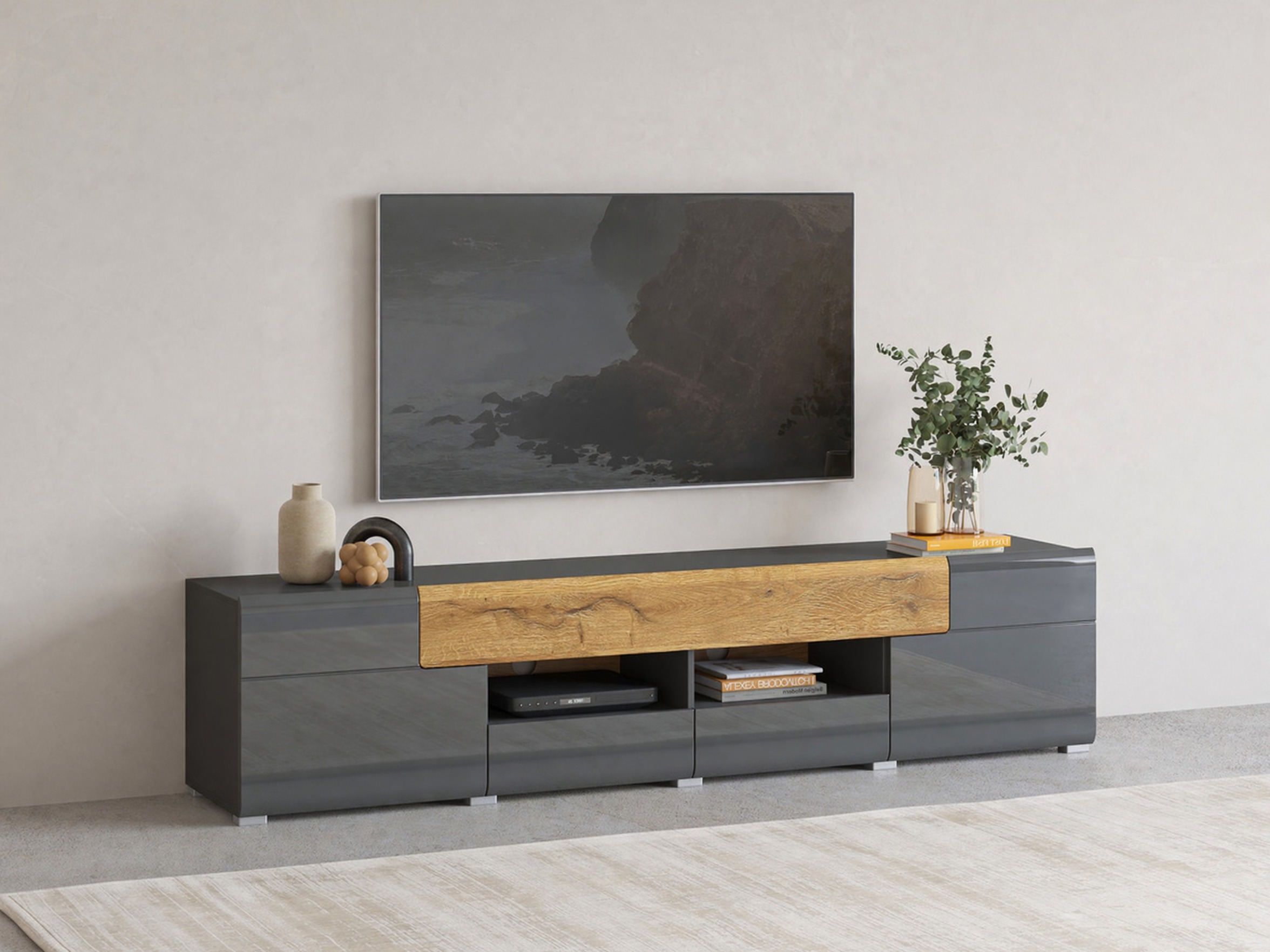 TV galds Torsone 113 (Antracīts + Gloss antracīts + Grandson ozols)