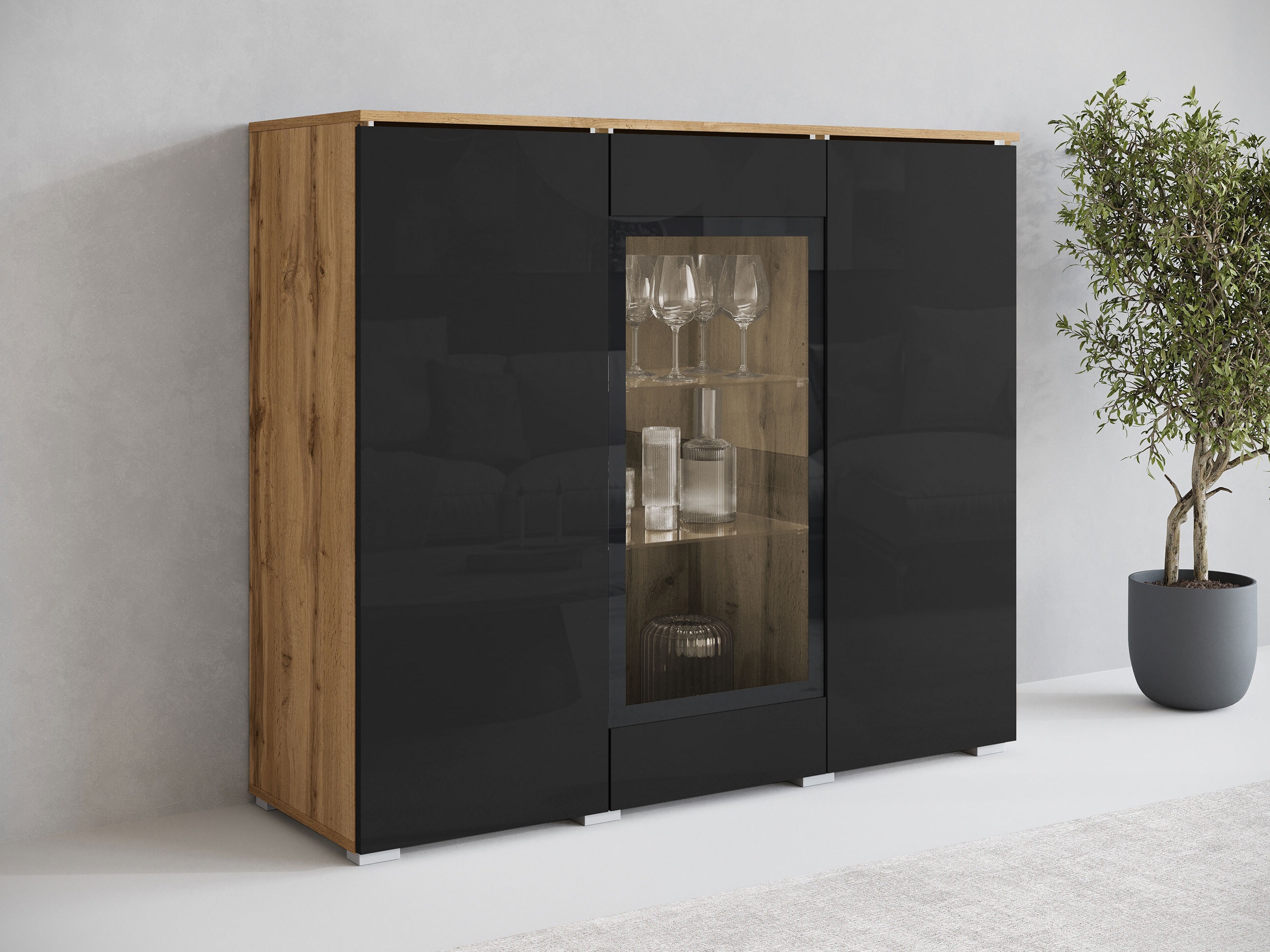 Skapis Mirfivo 103 (Votan ozols + Glancēts melns)
