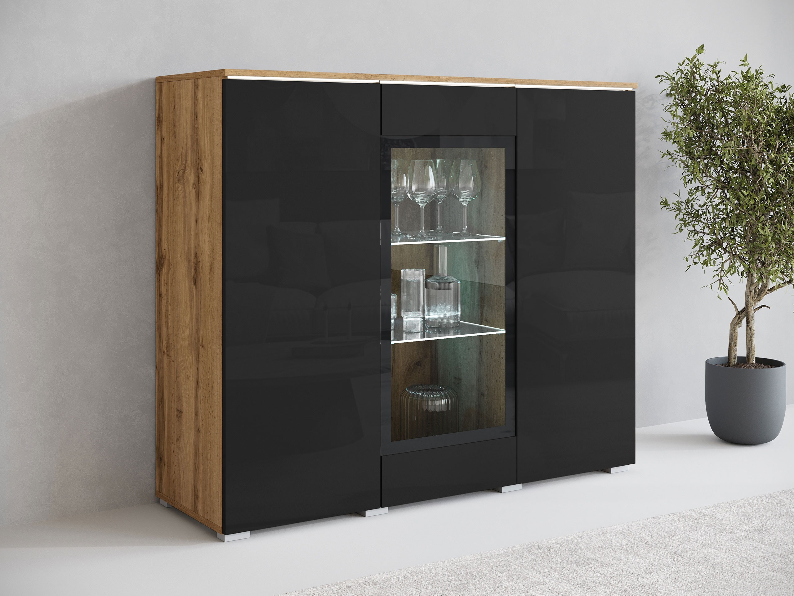Skapis Mirfivo 103 (Votan ozols + Glancēts melns)