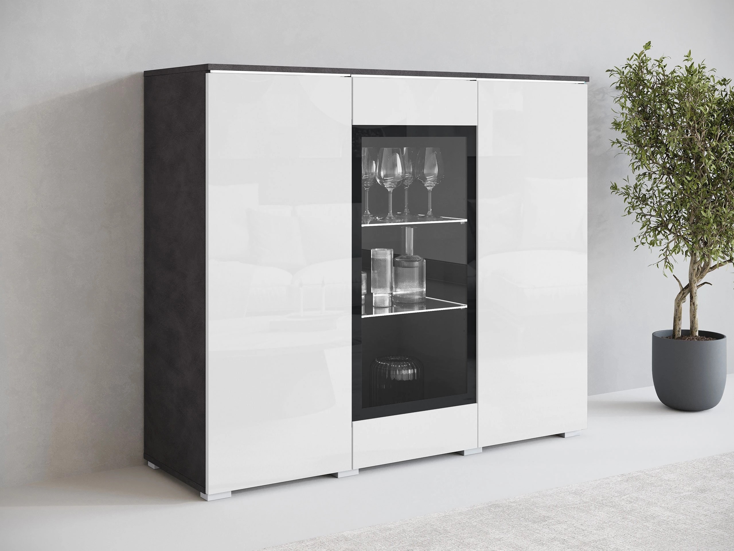 Skapis Mirfivo 103 (Matera pelēks + Glancēts balts)