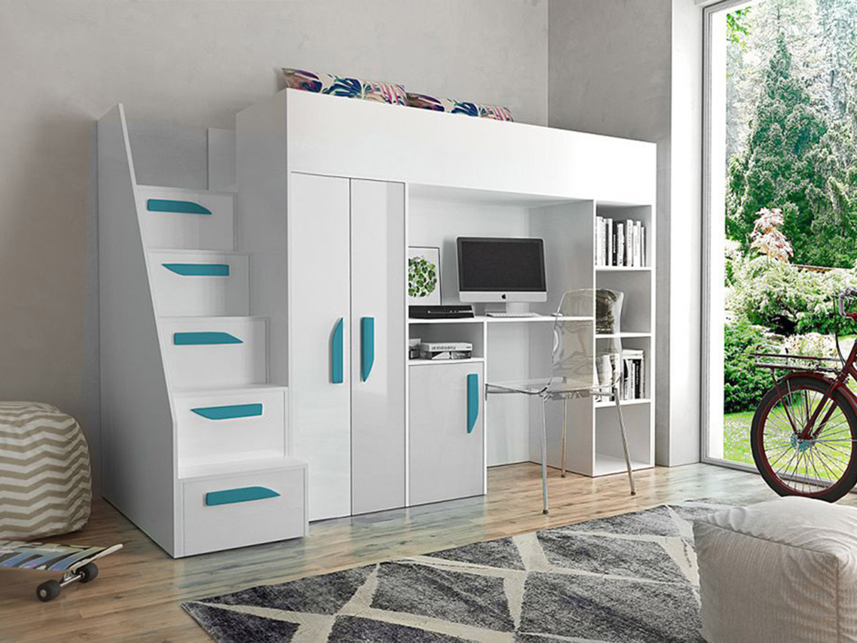 Высокая кровать Hartford 192 (Белый + Глянцевый белый + Глянцевый Бирюзовый)