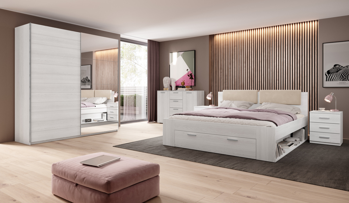 Кровать Levruvu 106 (Выбеленная ясень + Бежевый)