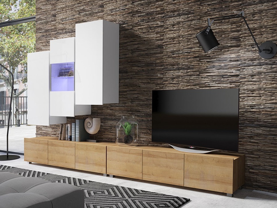 Viesistabas komplekts Tivdalu 133 (Zeltains ozols + Balts + Glancēts balts)