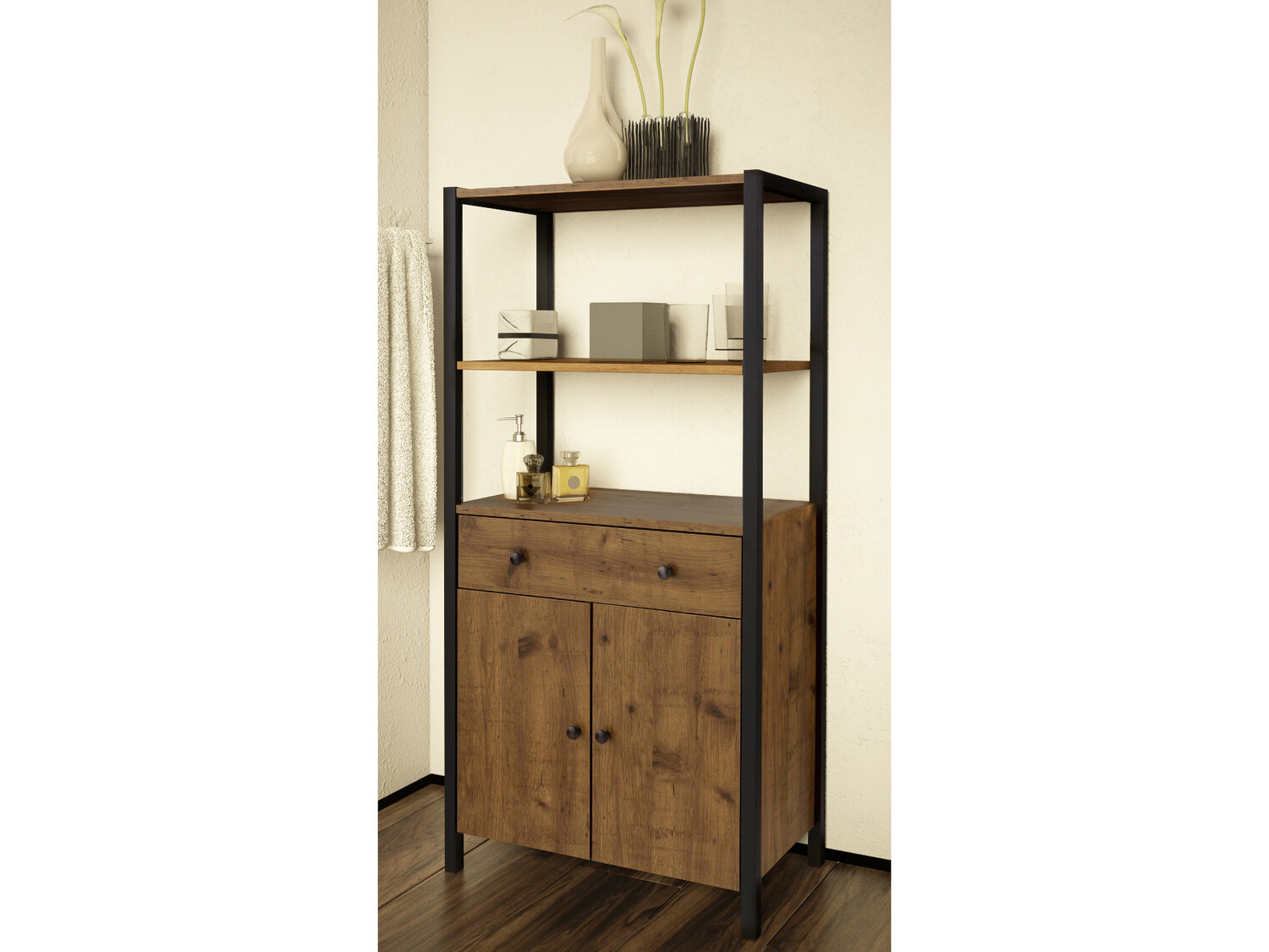 Полка для ванной Larnovo 111 (Темный дуб + Чёрный)