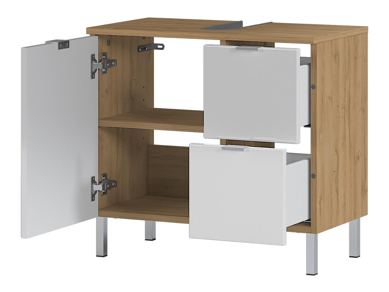 Stāvošs vannas istabas skapītis izlietnei Lomcamo 100 (Glancēts balts + Grandson ozols)