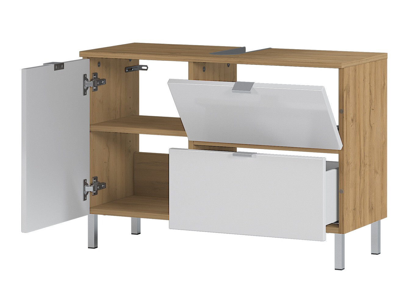 Stāvošs vannas istabas skapītis izlietnei Lomcamo 101 (Glancēts balts + Grandson ozols)