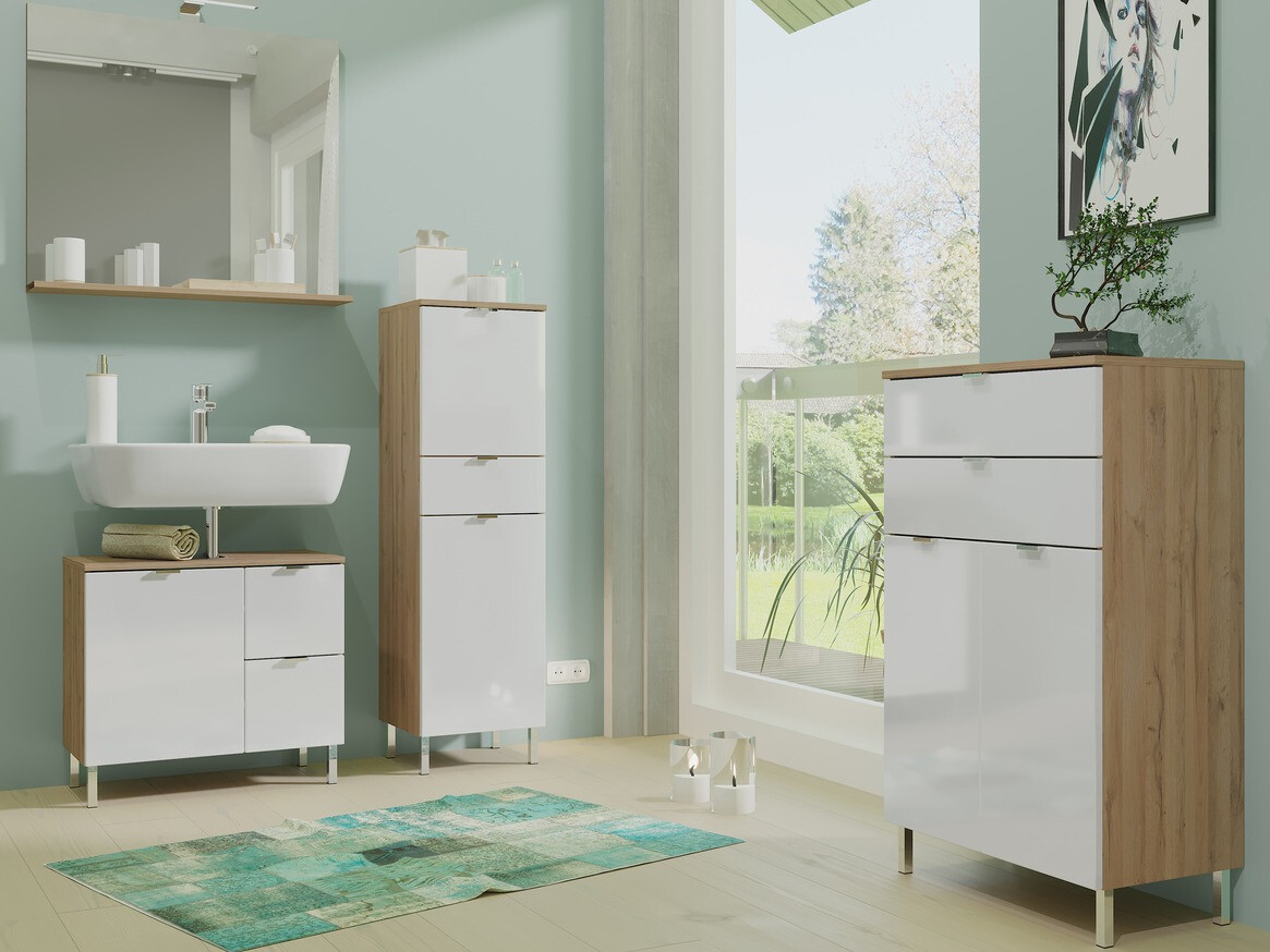 Stāvošs vannas istabas skapītis izlietnei Lomcamo 101 (Glancēts balts + Grandson ozols)