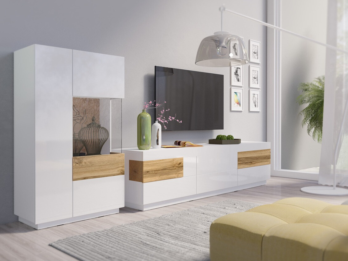 Viesistabas komplekts Livlore 109 (Balts + Glancēts balts + Votan ozols)