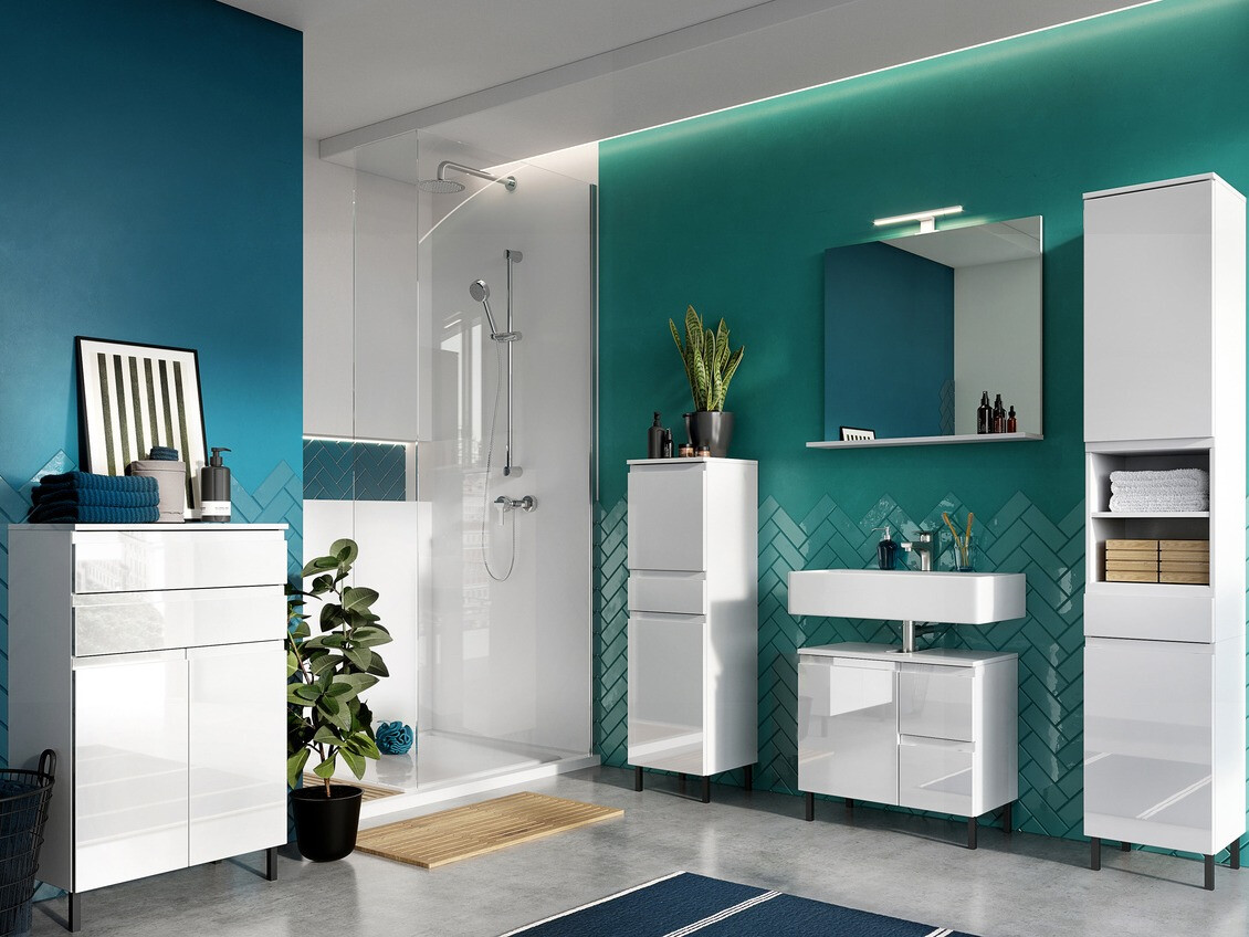 Stāvošs vannas skapītis Talmira 104 (Balts + Glancēts balts)