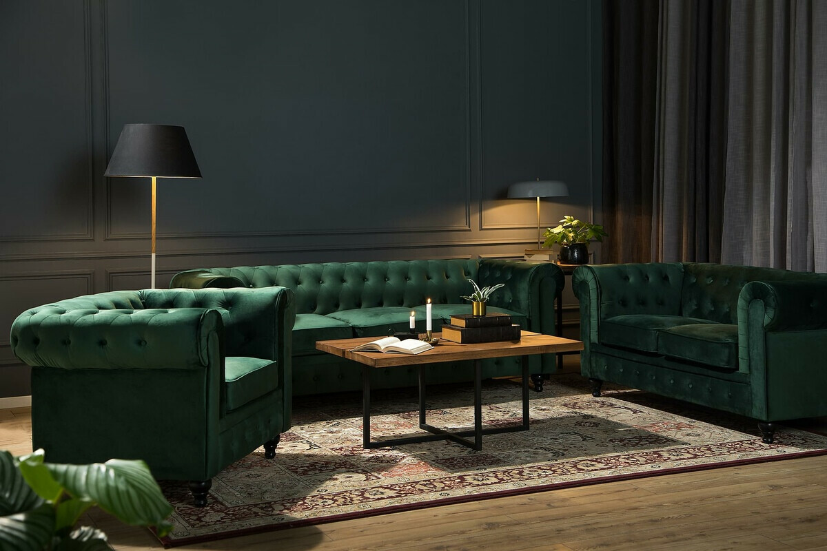 Chesterfield mīksto mēbeļu komplekts Manor House Ophfenu 110 (Zaļš)