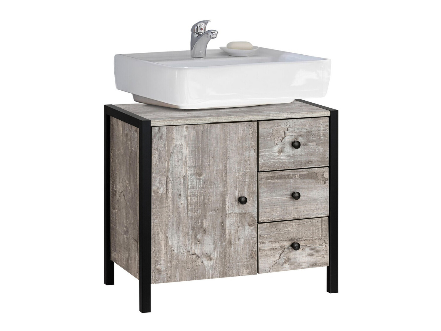 Hапольный шкафчик для ванной Larnovo 105 (Серый дуб + Чёрный)