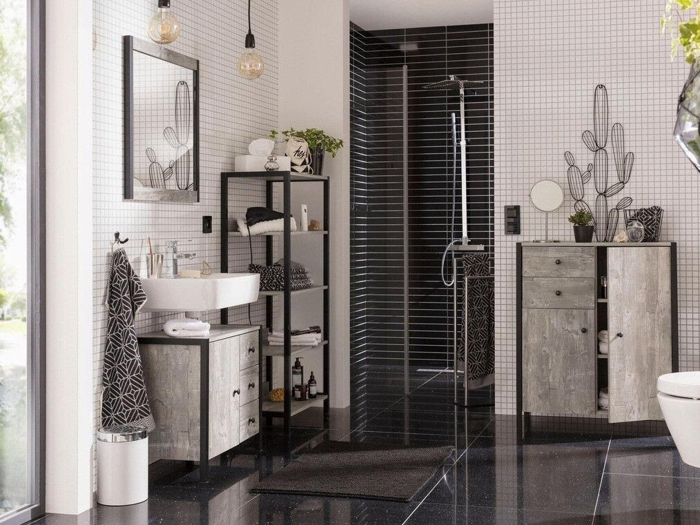 Stāvošs vannas istabas skapītis izlietnei Larnovo 105 (Pelēks ozols + Melns)