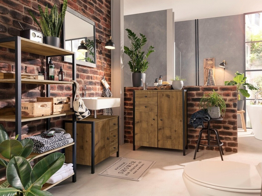 Stāvošs vannas istabas skapītis izlietnei Larnovo 105 (Tumšs ozols + Melns)