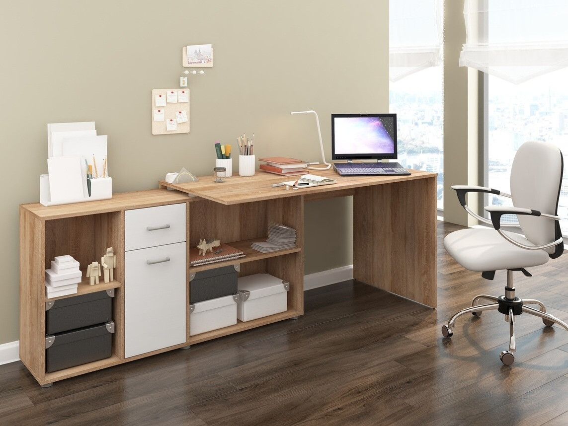 Угловой письменный стол Gilroy 113 (Сонома Дуб + Глянцевый белый)