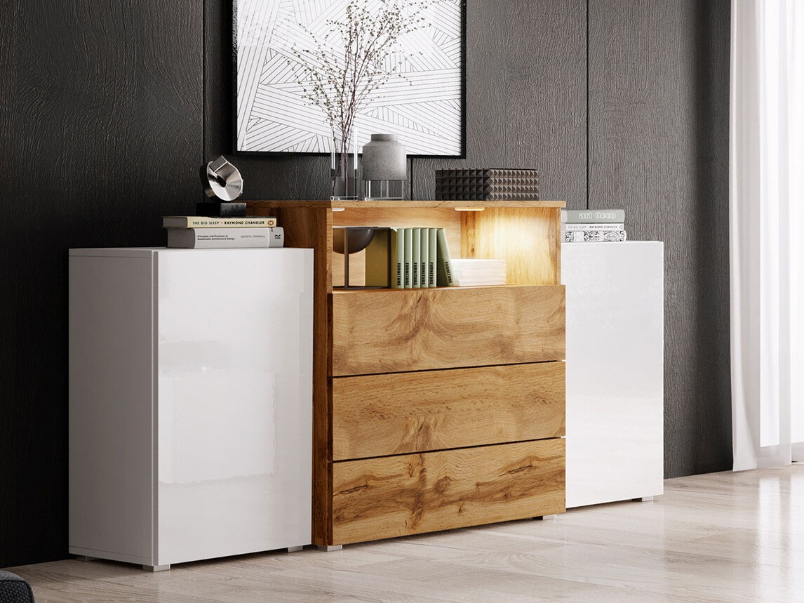 Kомод Sarasota 127 (Белый + Глянцевый белый + Дуб вотан)