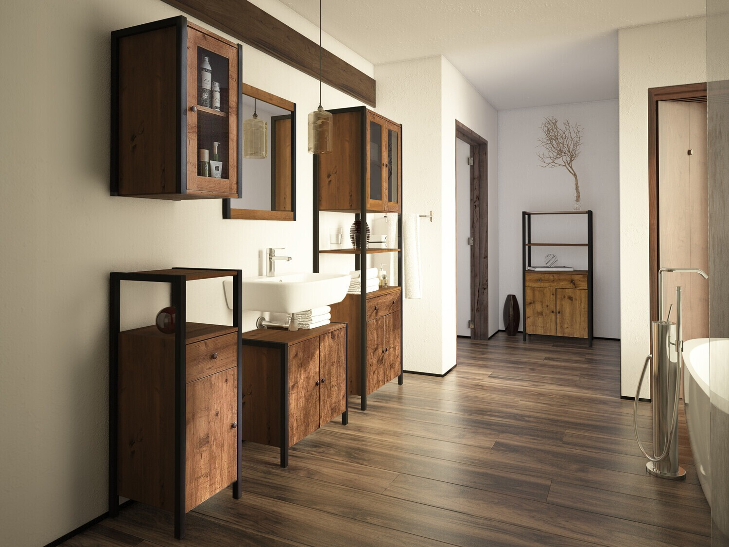 Piekarams vannas istabas skapītis Larnovo 118 (Melns + Tumšs ozols)