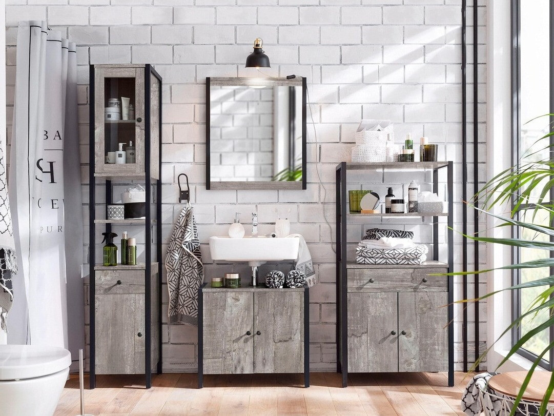 Полка для ванной Larnovo 111 (Серый дуб + Чёрный)