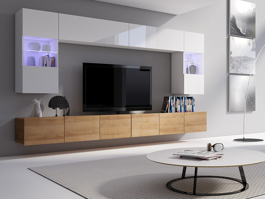 Набор для гостиной Tivdalu 105 (Золотистый дуб + Белый + Глянцевый белый)