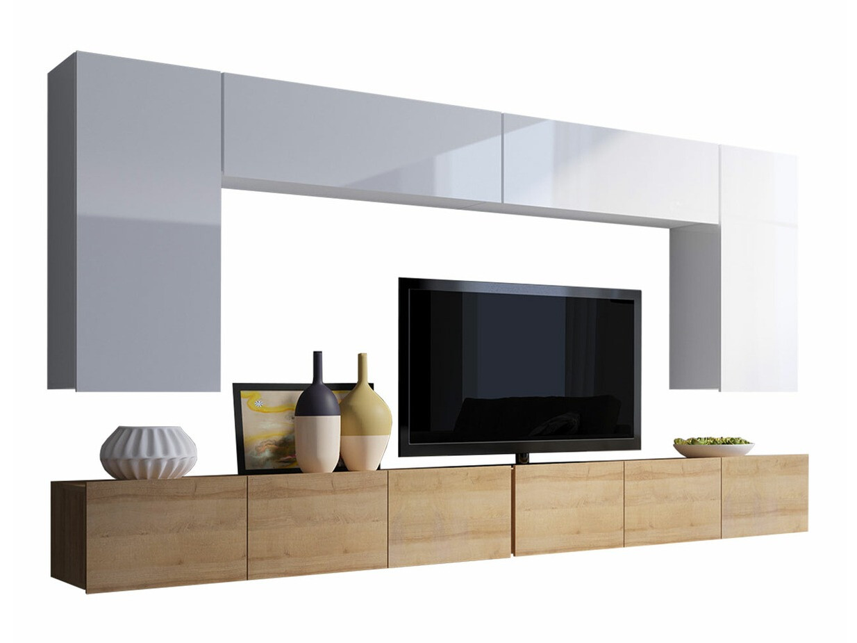 Viesistabas komplekts Remus XIII (Zeltains ozols + Balts + Glancēts balts)