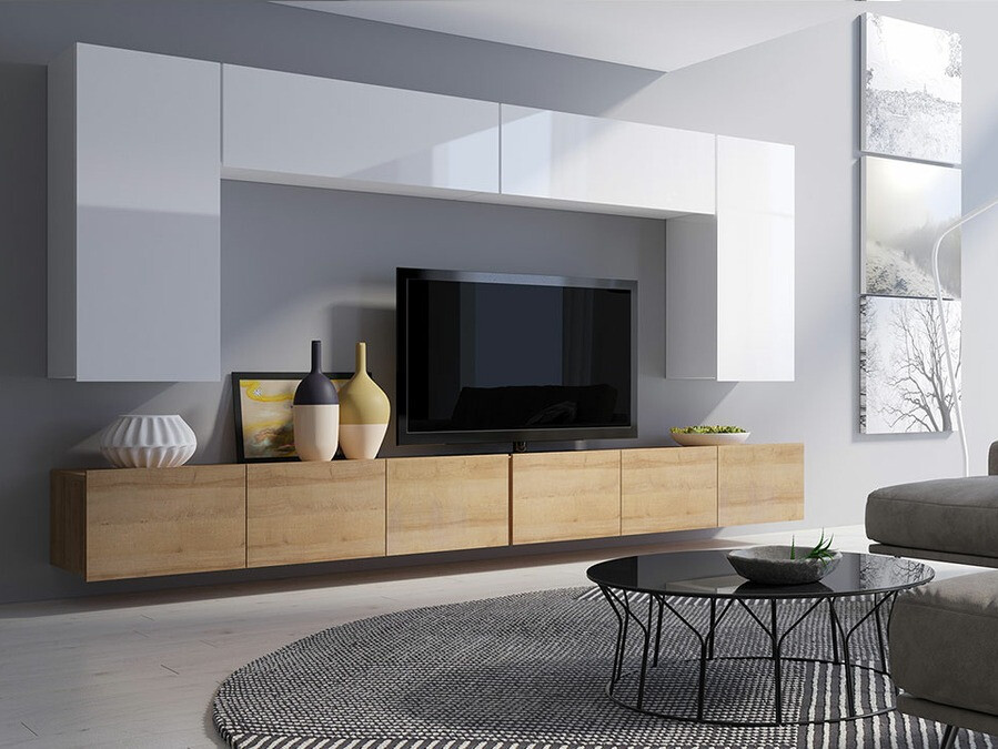 Viesistabas komplekts Tivdalu 135 (Zeltains ozols + Balts + Glancēts balts)