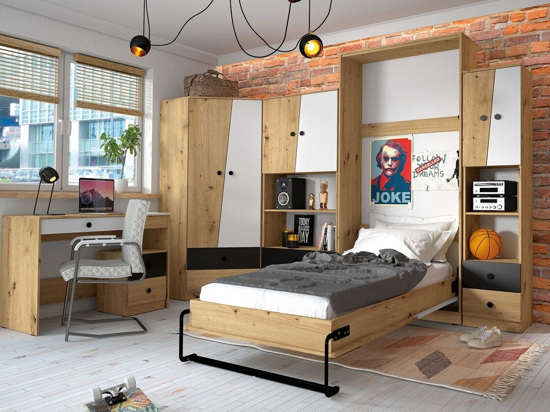 Настенная кровать Mirelbu 113 (Artisan дуб + Глянцевый белый)