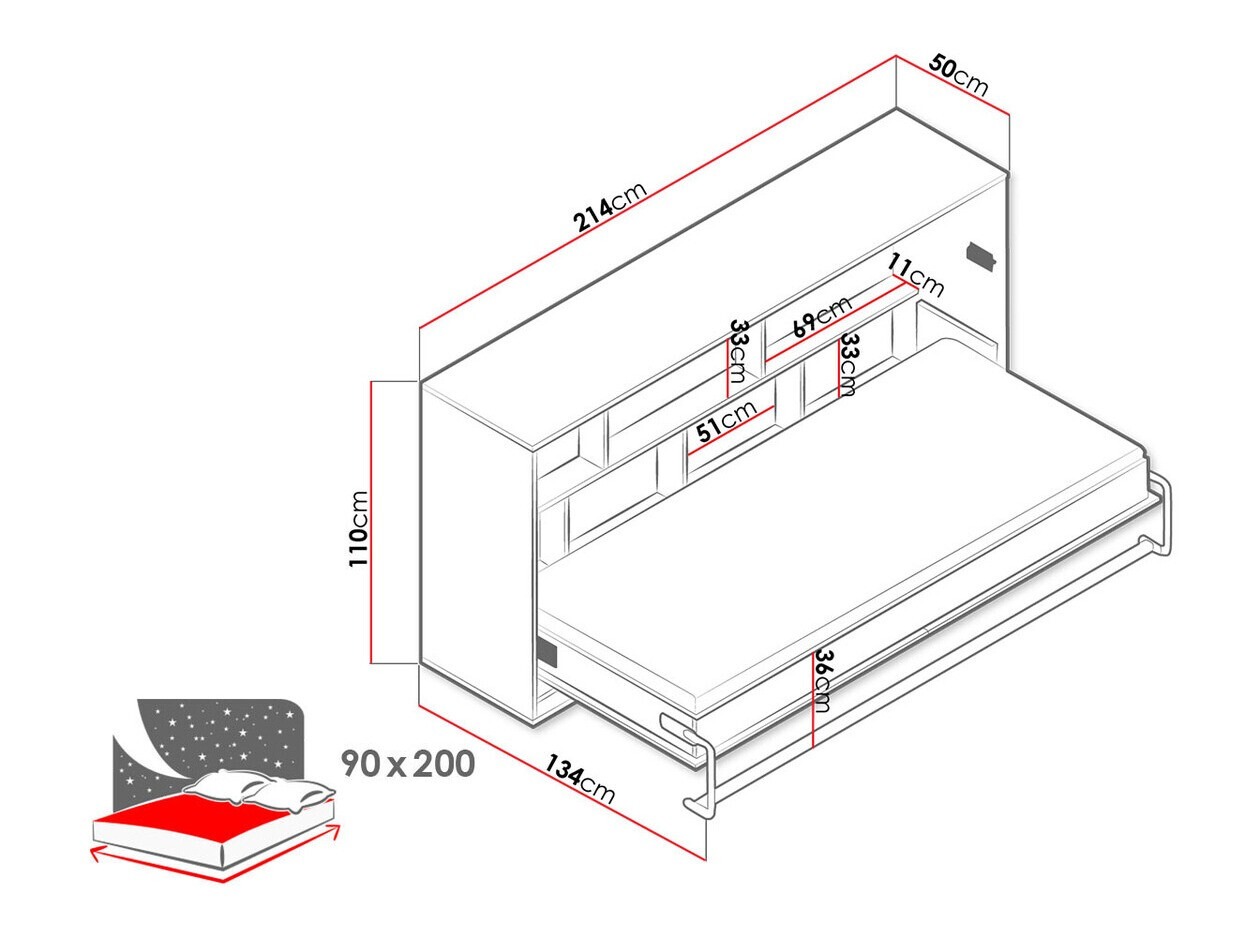 Настенная кровать Mirelbu 114 (Artisan дуб + Белый + Серый)