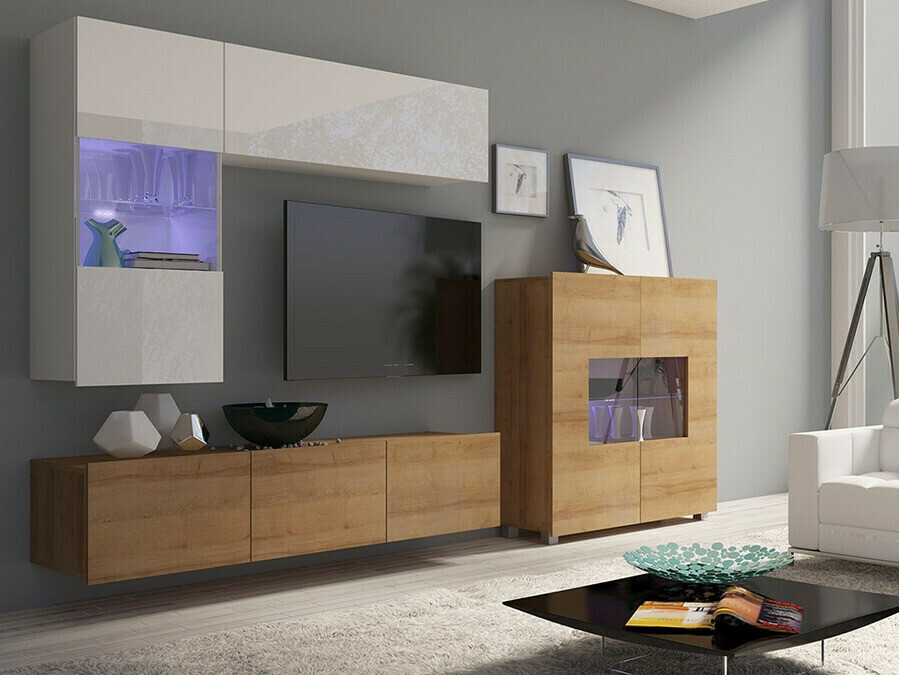 Набор для гостиной Tivdalu 107 (Золотистый дуб + Белый + Глянцевый белый)