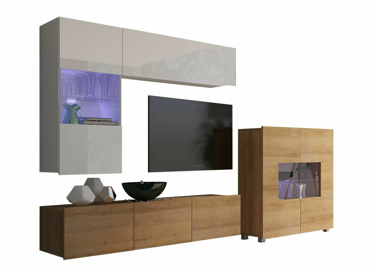 Viesistabas komplekts Remus III (Zeltains ozols + Balts + Glancēts balts)