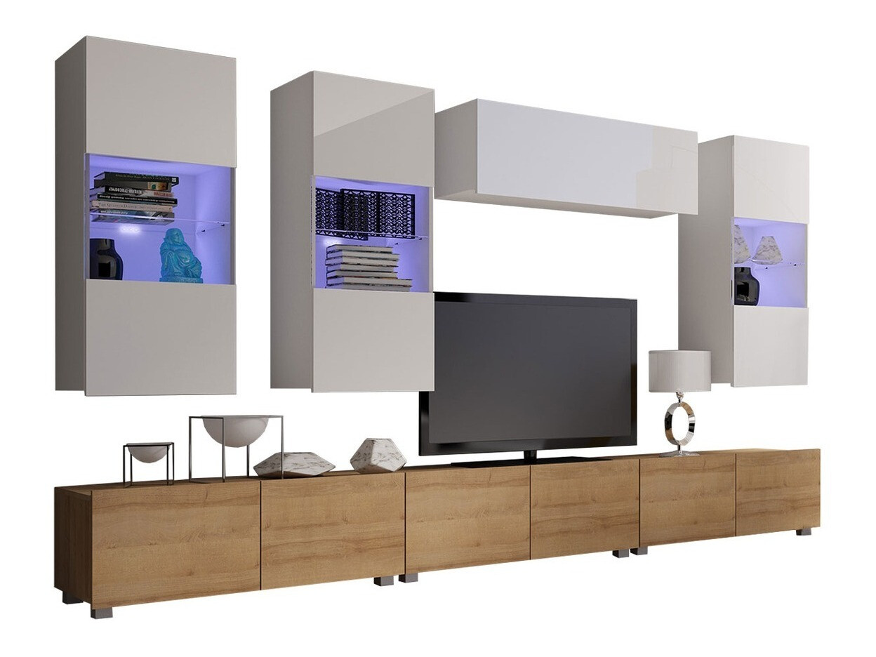 Viesistabas komplekts Tivdalu 121 (Zeltains ozols + Balts + Glancēts balts)