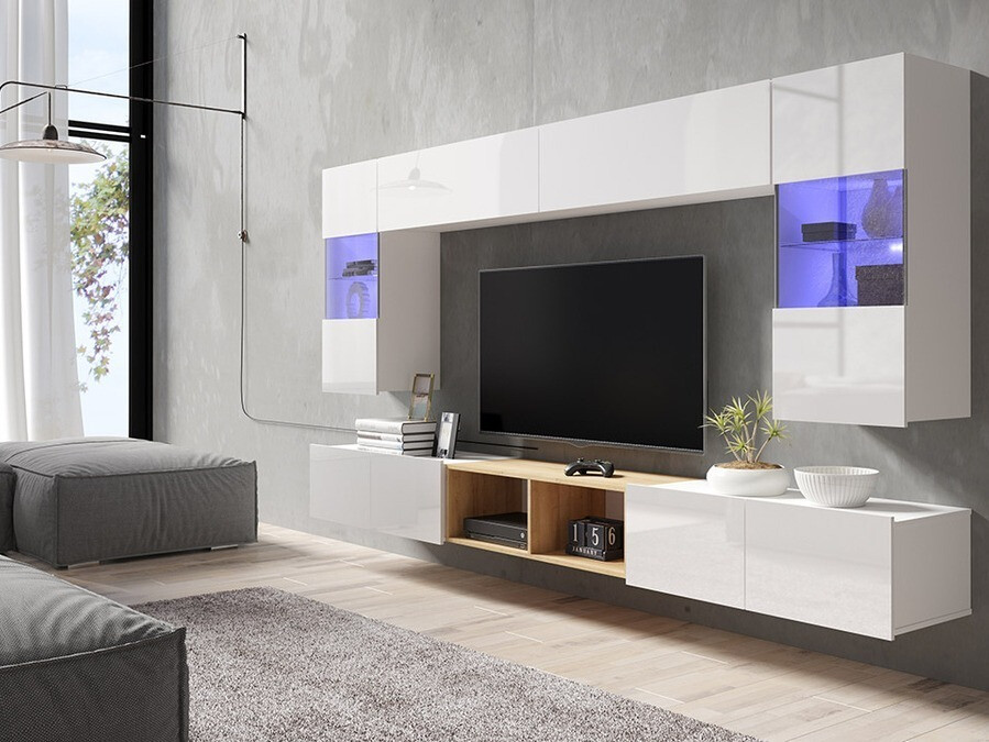 Набор для гостиной Tivdalu 144 (Белый + Глянцевый белый + Золотистый дуб)