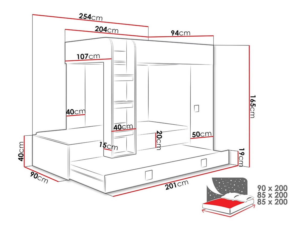 Divstāvu gulta Hartford 191 (Balts + Glancēts balts + Glancēts melns)