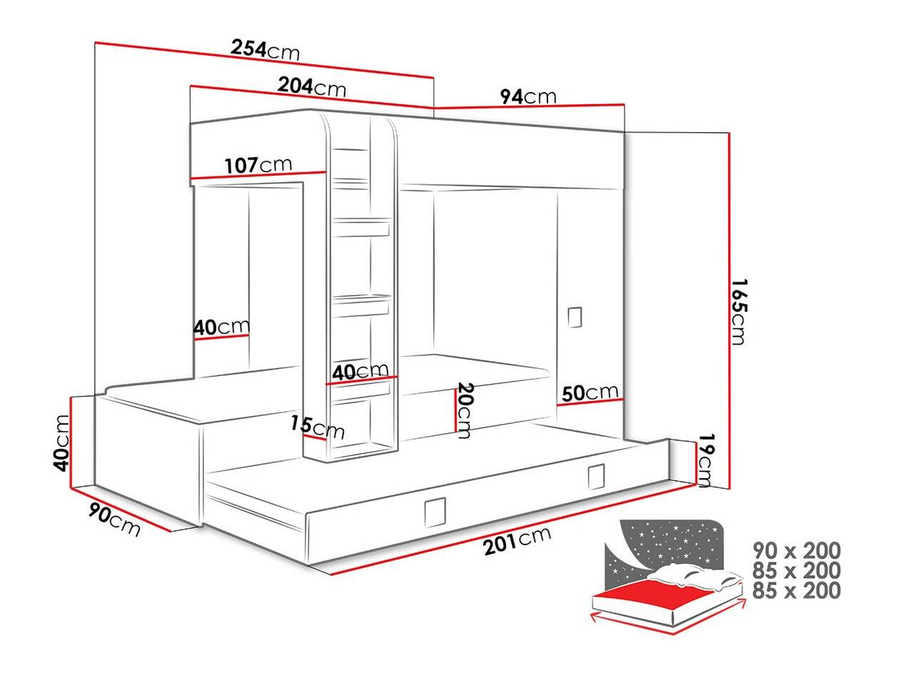 Divstāvu gulta Hartford 191 (Balts + Glancēts melns + Glancēts balts)